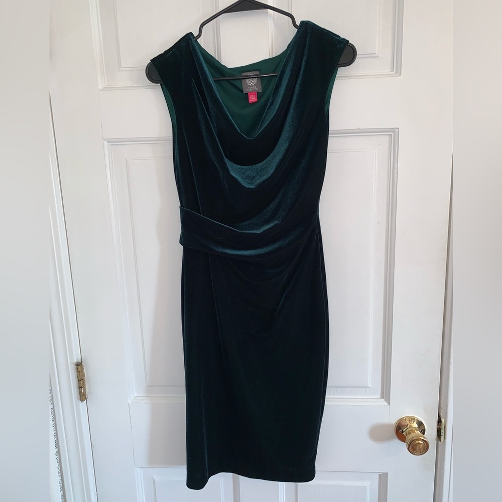 Vince Camuto dark emerald green faux suede cowl neck dress!